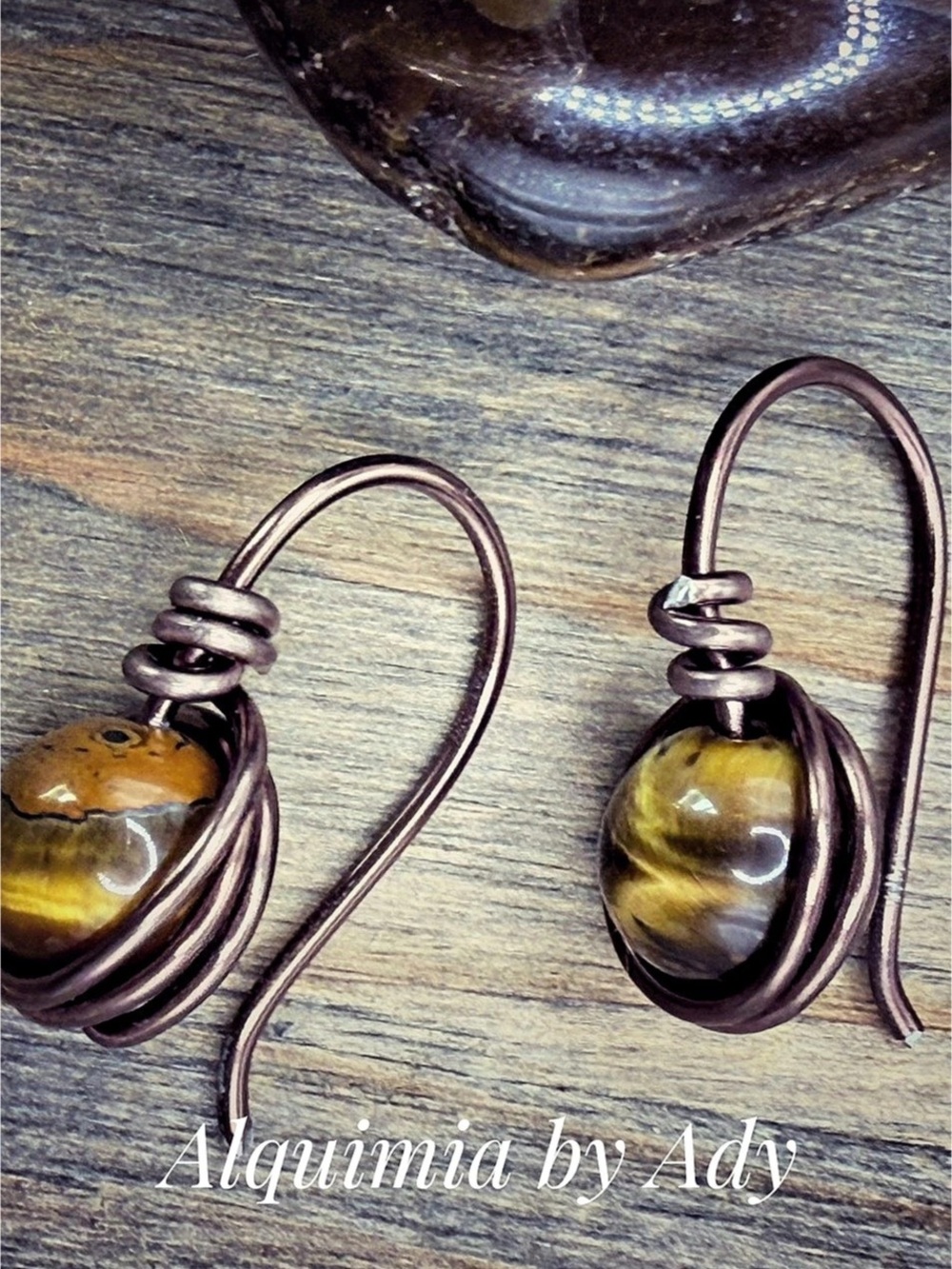 Wire-Wrapped Brown Tiger eye Stone Earrings